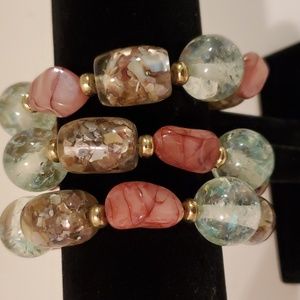 3 - Vintage stylish Bracelets. Marbled brown, pink and clear green